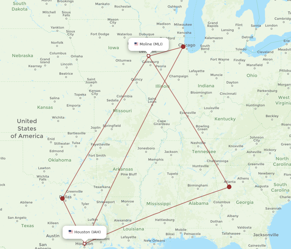 IAH to MLI flights and routes map
