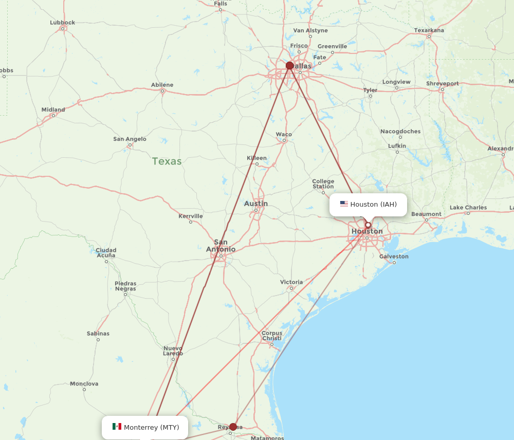 IAH to MTY flights and routes map