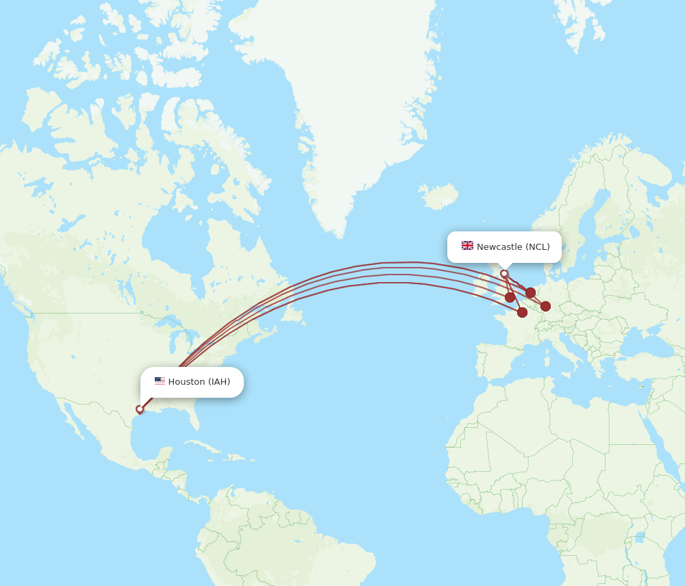 IAH to NCL flights and routes map