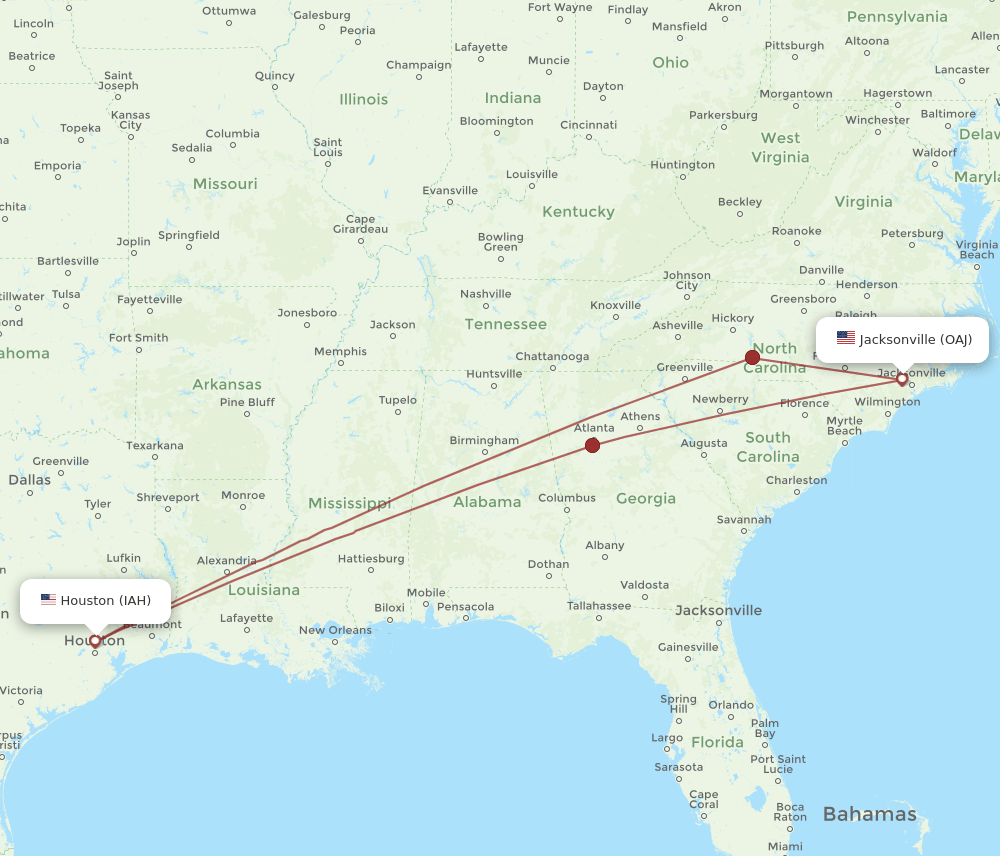 IAH to OAJ flights and routes map