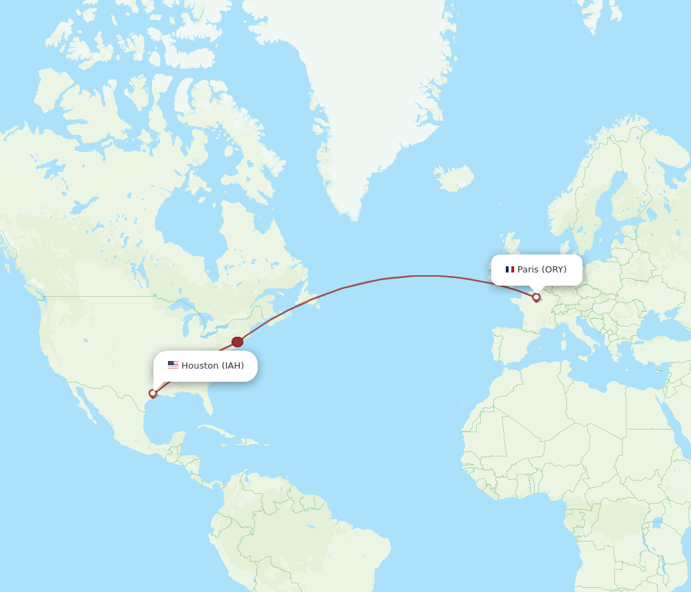 Houston - Paris route map and flight paths