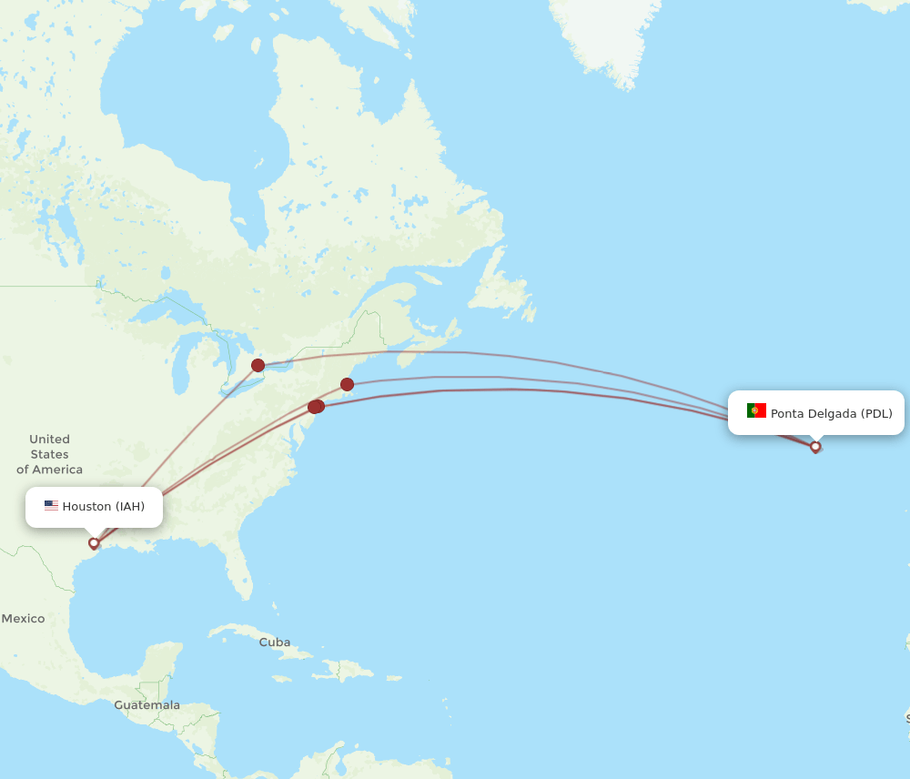 Ponta Delgada (Azores) - Houston route map and flight paths