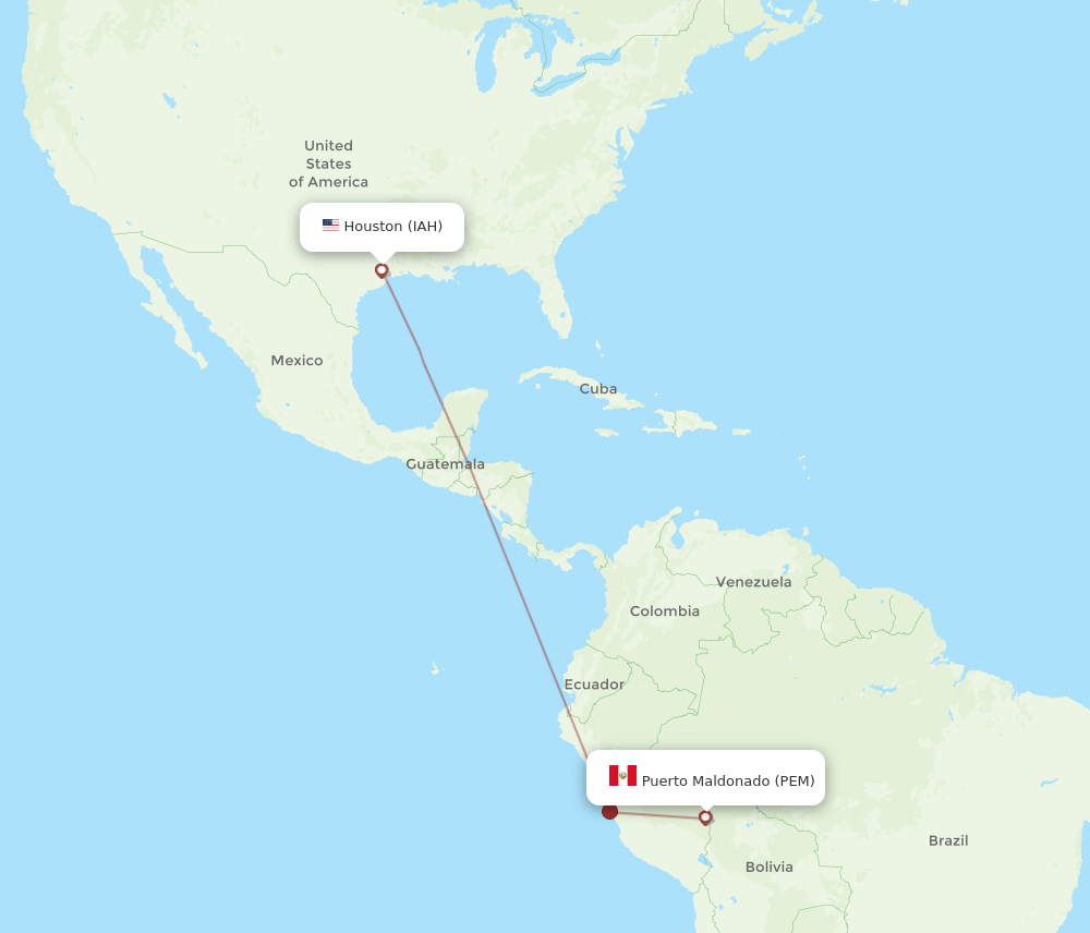 Houston - Puerto Maldonado route map and flight paths