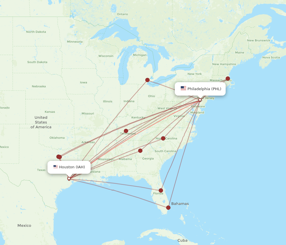 IAH to PHL flights and routes map