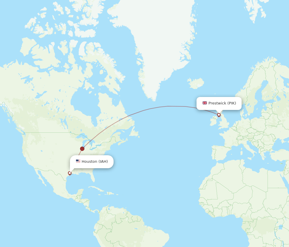 Houston - Glasgow route map and flight paths