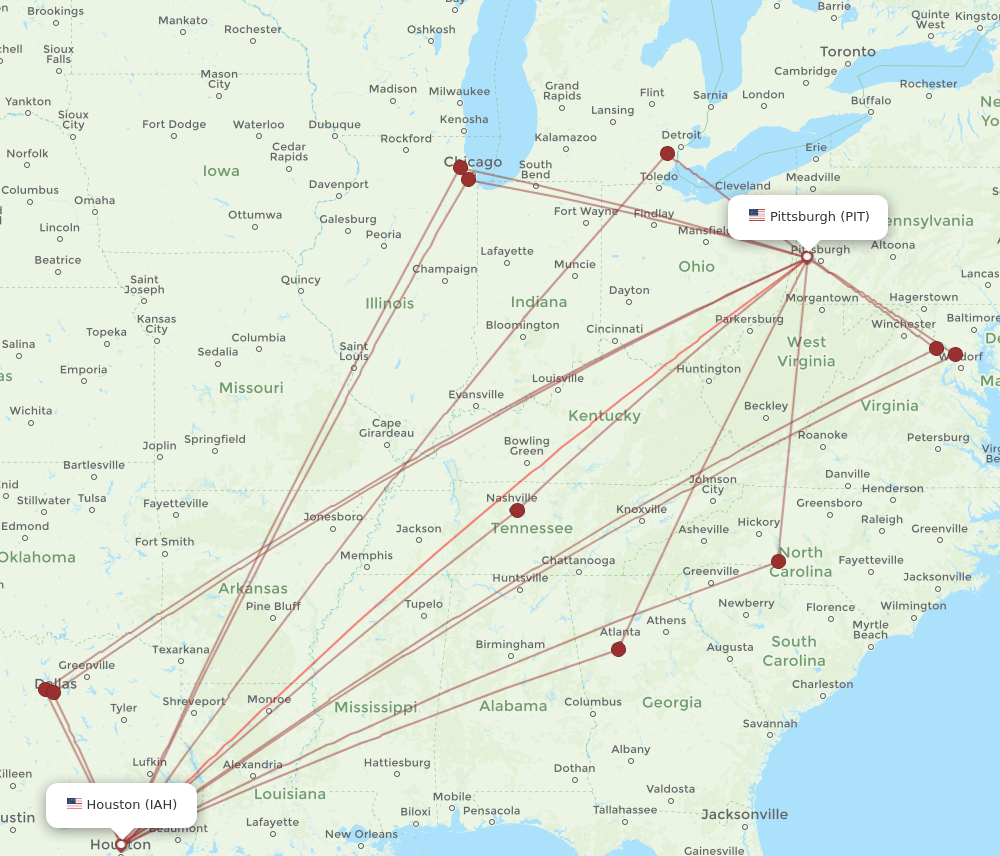 IAH-PIT flight routes