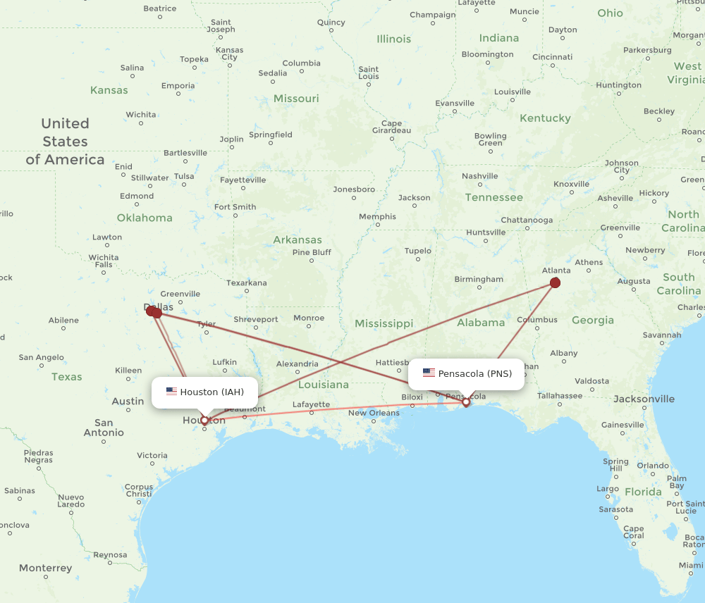 IAH-PNS flight routes