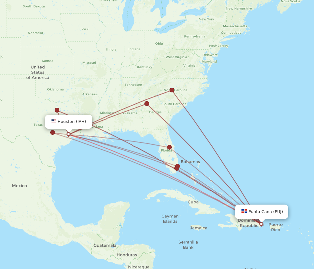 IAH to PUJ flights and routes map