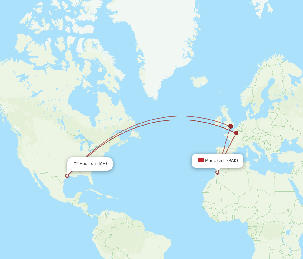 Marrakech - Houston route map and flight paths
