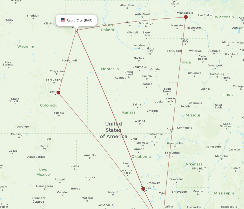 IAH-RAP flight routes