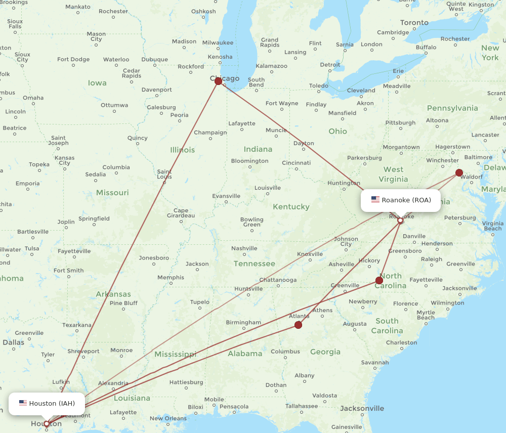 IAH to ROA flights and routes map
