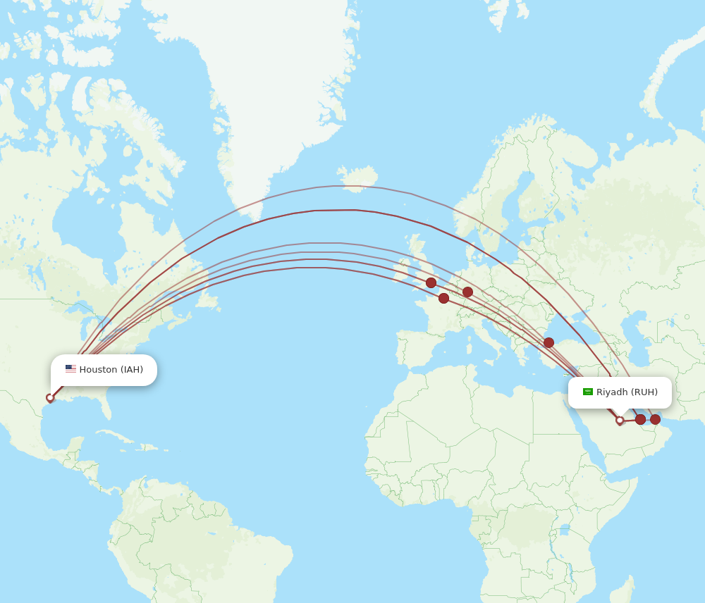 IAH to RUH flights and routes map