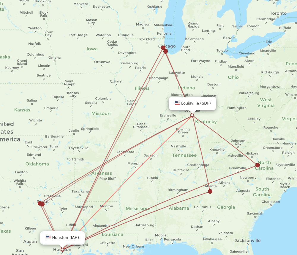 IAH to SDF flights and routes map