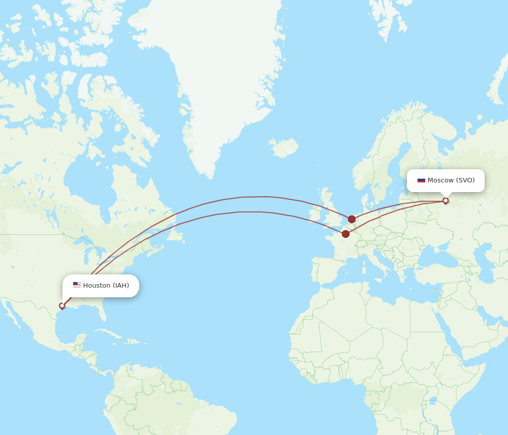 Houston - Moscow route map and flight paths