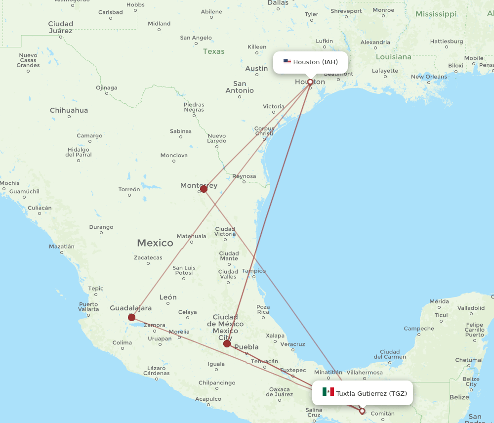 IAH to TGZ flights and routes map