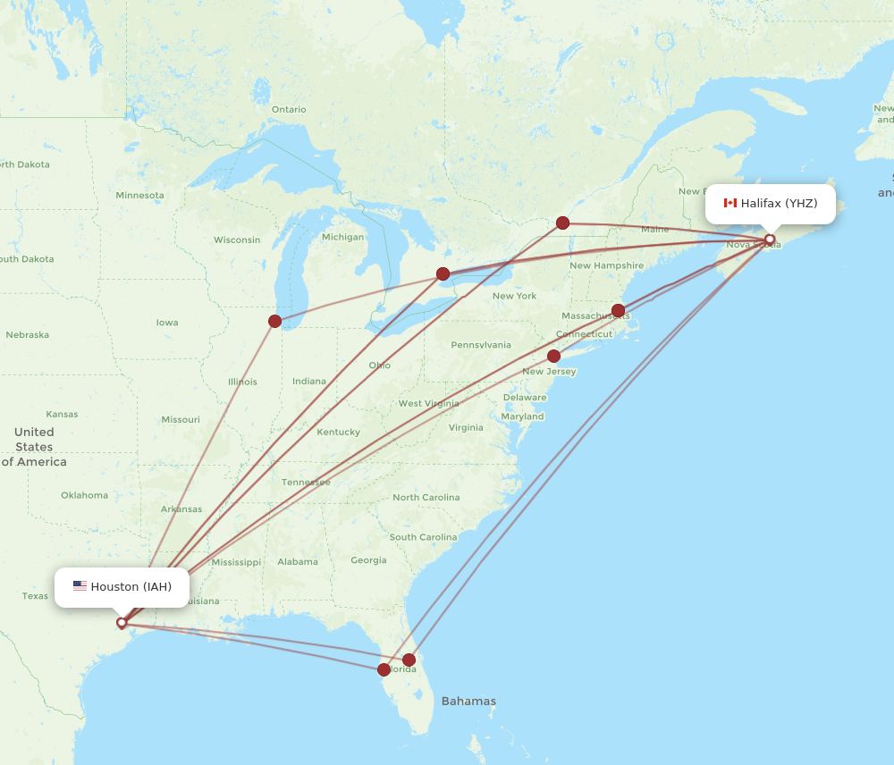 IAH to YHZ flights and routes map