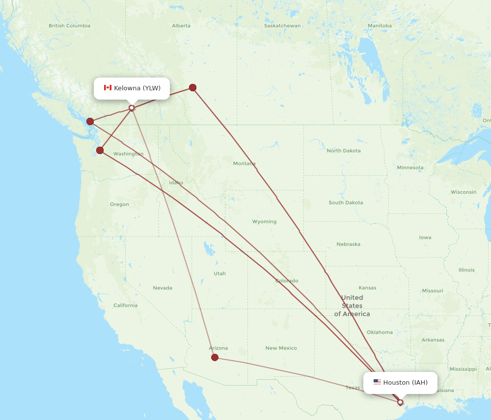 IAH to YLW flights and routes map