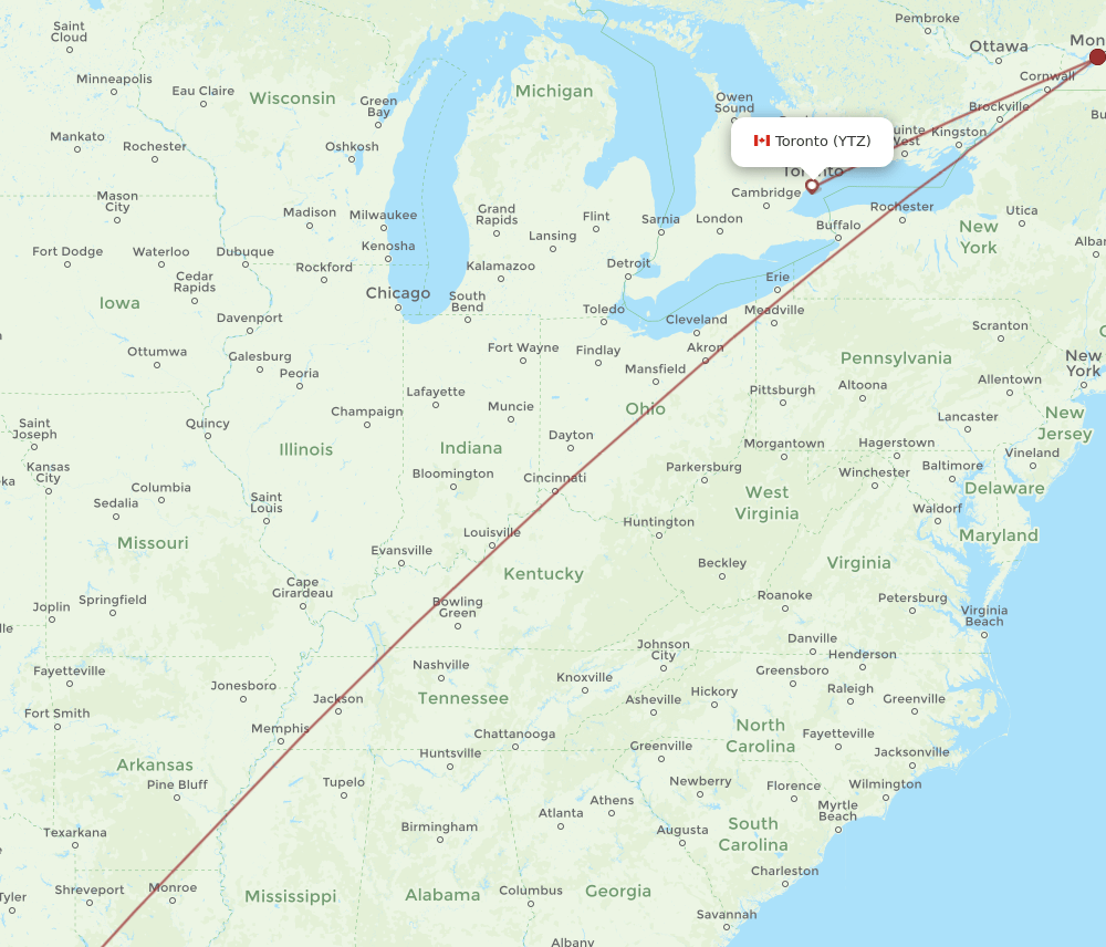 IAH to YTZ flights and routes map