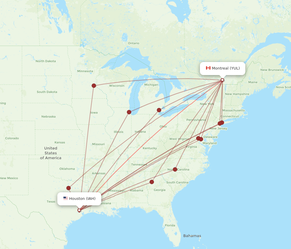 IAH to YUL flights and routes map