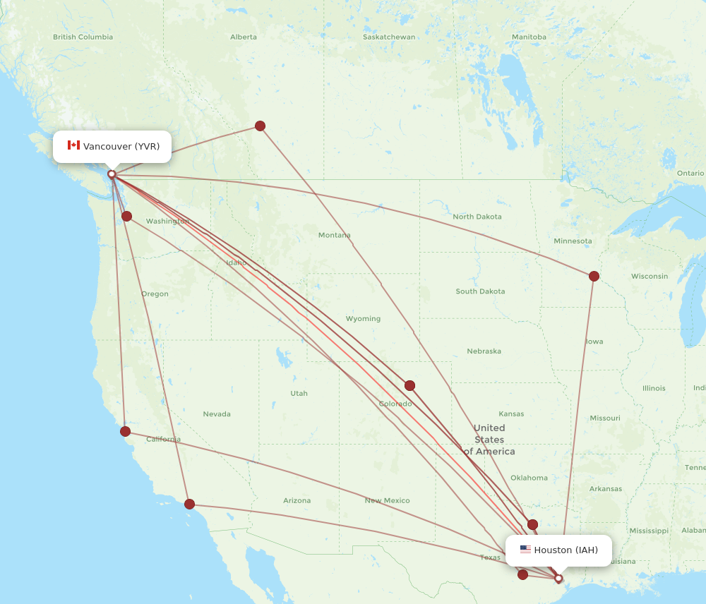 IAH to YVR flights and routes map