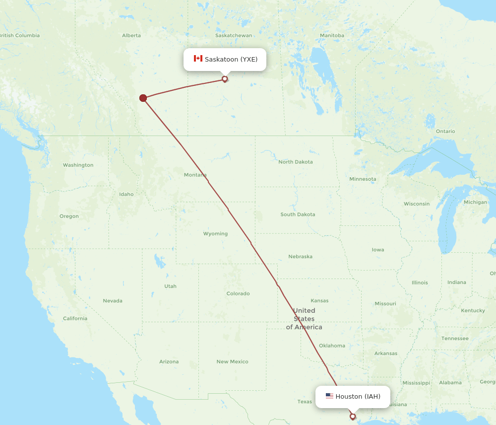 Saskatoon - Houston route map and flight paths