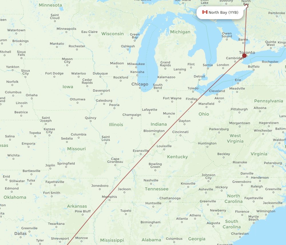 North Bay - Houston route map and flight paths