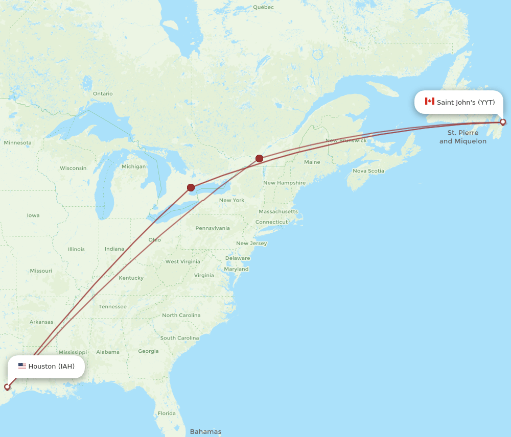 St. John's - Houston route map and flight paths