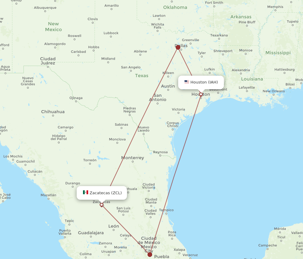 Zacatecas - Houston route map and flight paths