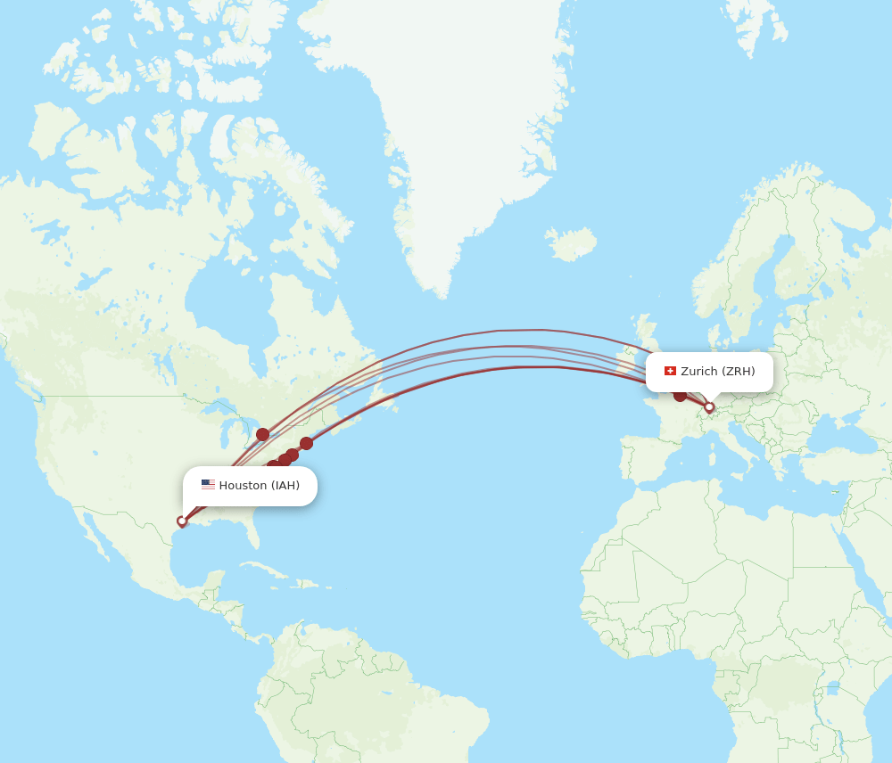 Zurich - Houston route map and flight paths