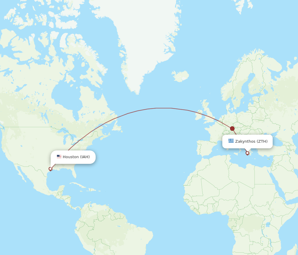 Zakinthos - Houston route map and flight paths