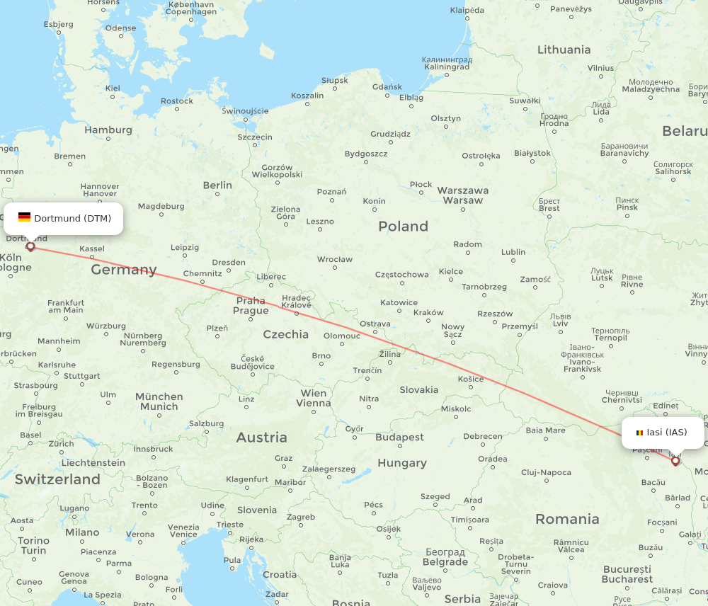 Iasi - Dortmund route map and flight paths