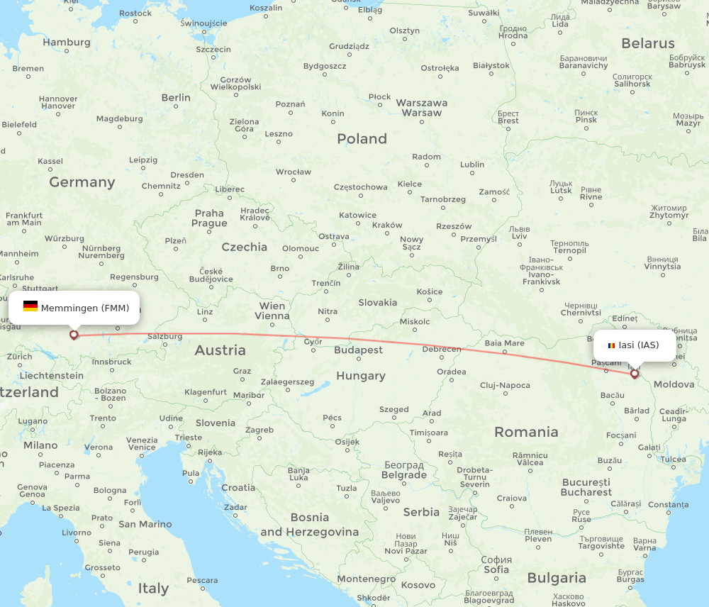 Iasi - Memmingen route map and flight paths