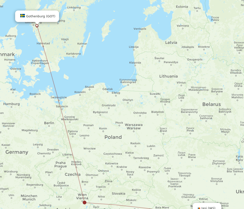 Gothenburg - Iasi route map and flight paths