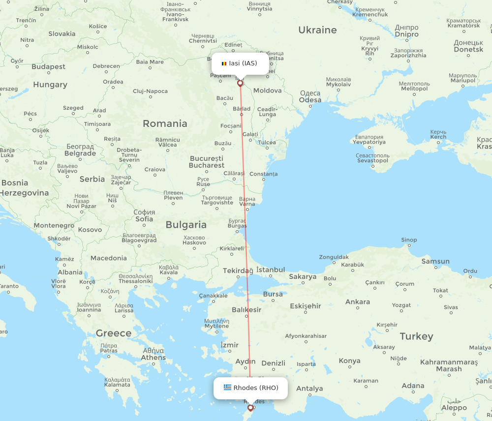 Iasi - Rhodes route map and flight paths