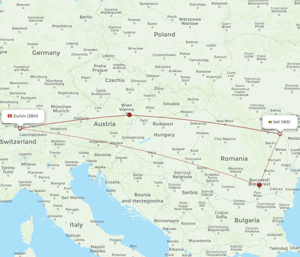 Zurich - Iasi route map and flight paths