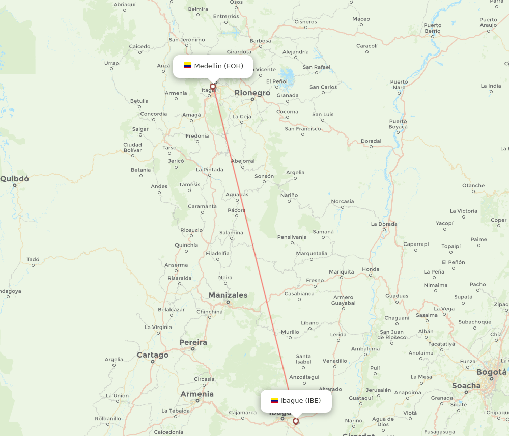 Ibague - Medellin route map and flight paths