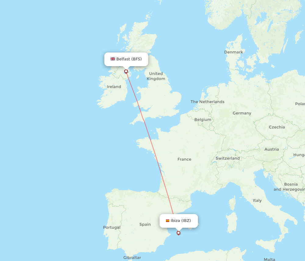 Ibiza - Belfast route map and flight paths
