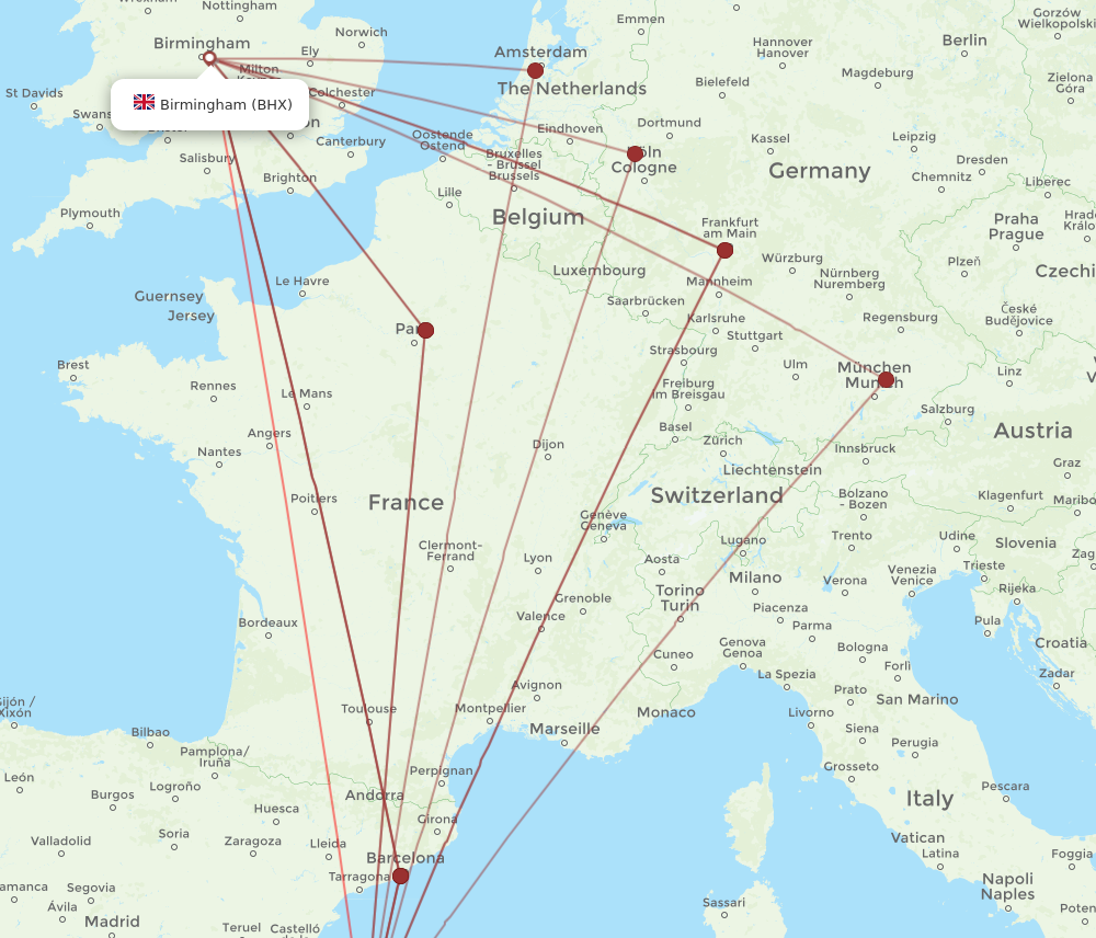IBZ to BHX flights and routes map