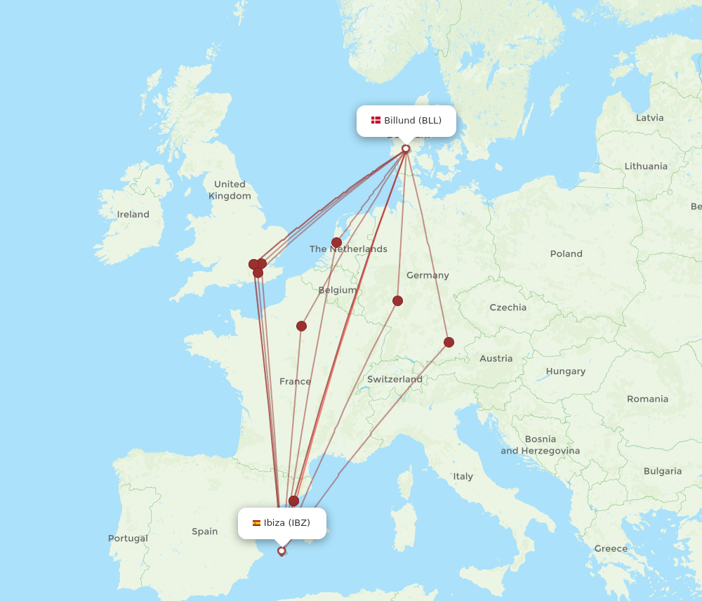 IBZ to BLL flights and routes map