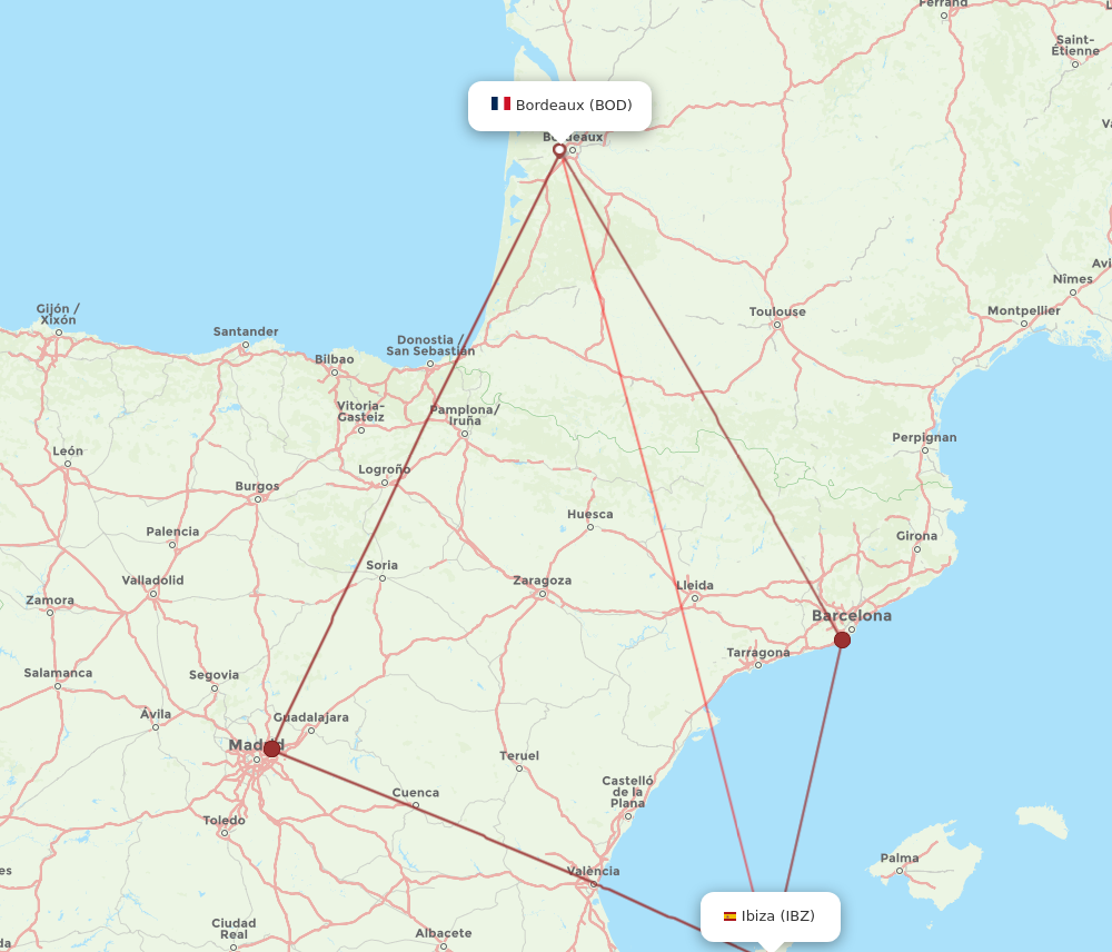IBZ to BOD flights and routes map