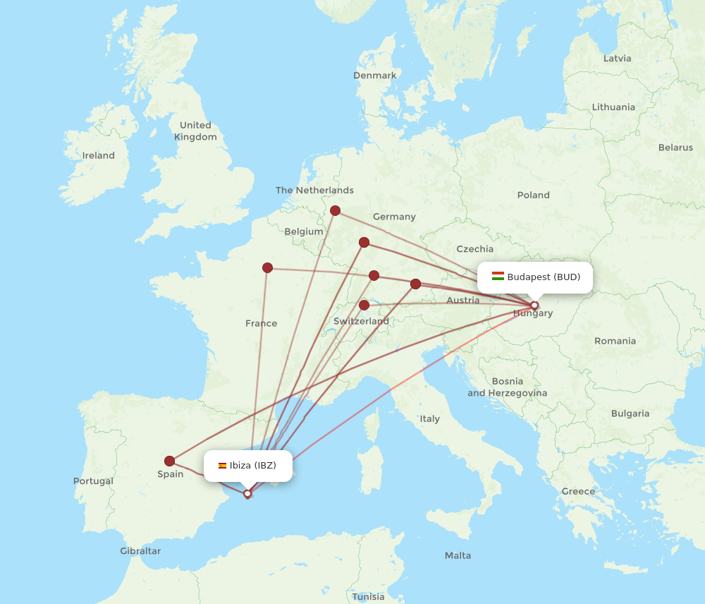 IBZ to BUD flights and routes map