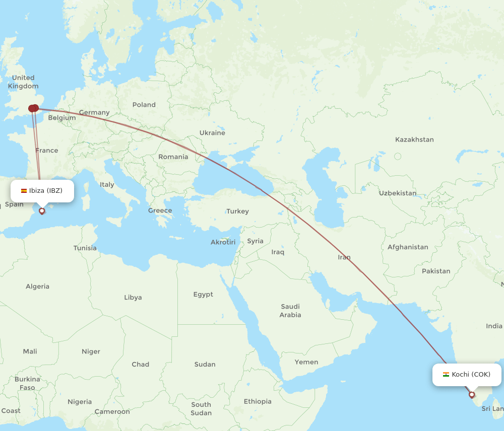 Ibiza - Kochi route map and flight paths