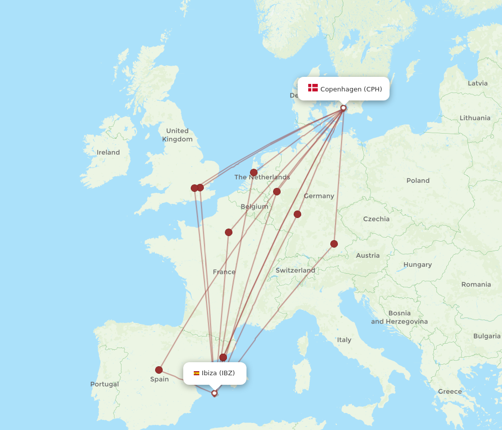 IBZ to CPH flights and routes map