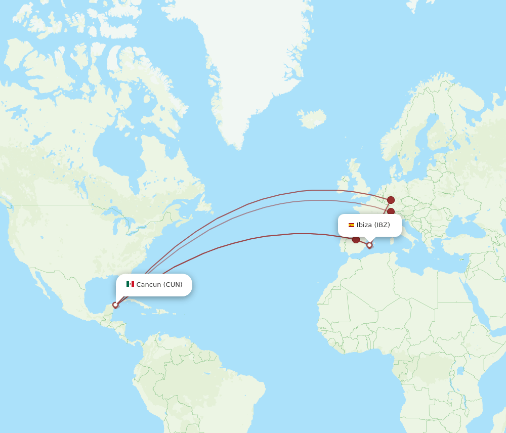 IBZ to CUN flights and routes map