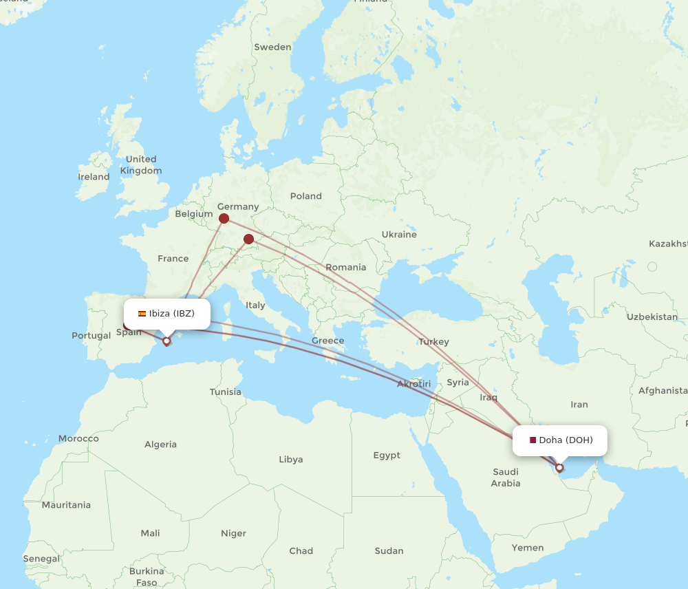 IBZ to DOH flights and routes map