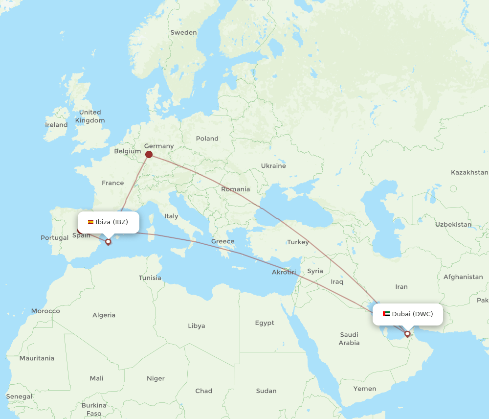 Ibiza - Dubai route map and flight paths