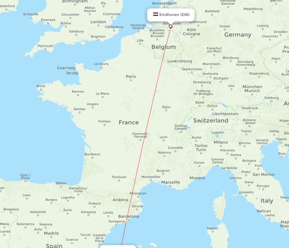 Ibiza - Eindhoven route map and flight paths