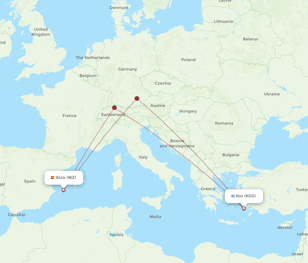 IBZ to KGS flights and routes map