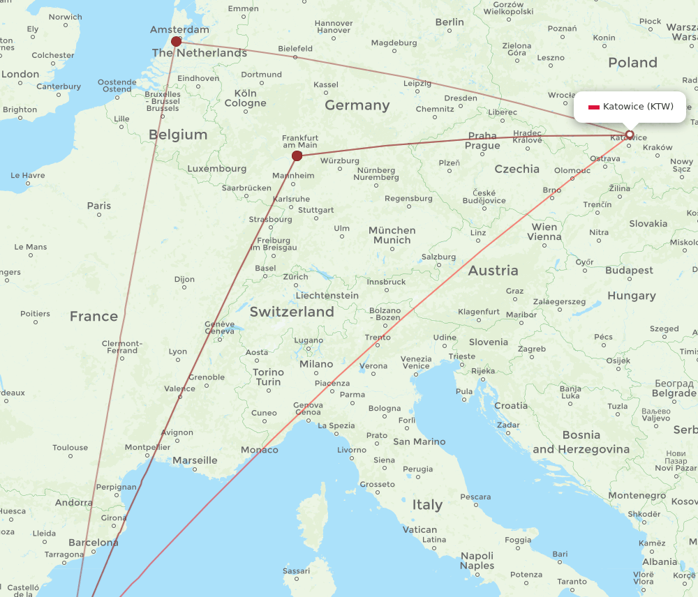 IBZ to KTW flights and routes map