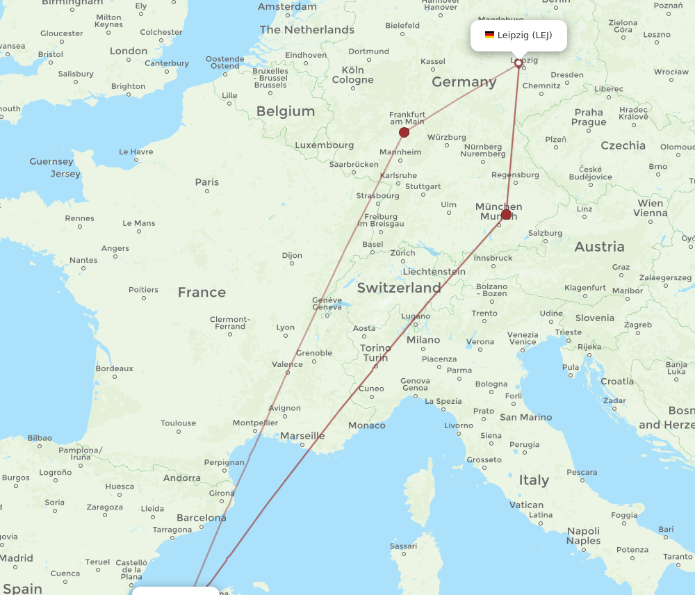 IBZ to LEJ flights and routes map